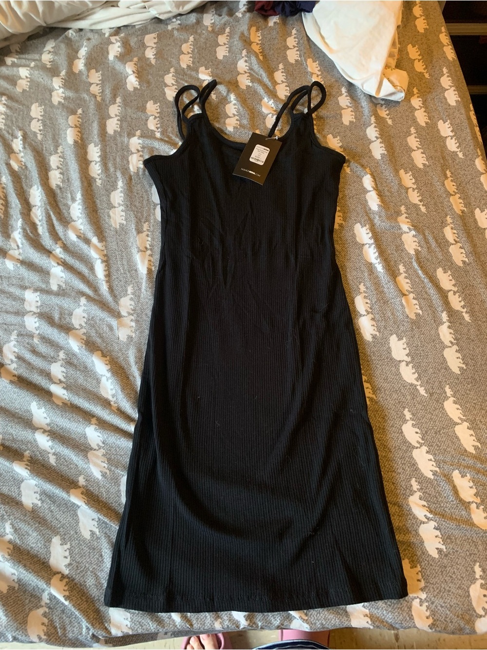 Fashion Nova Black Ribbed Mini Dress with Double Straps